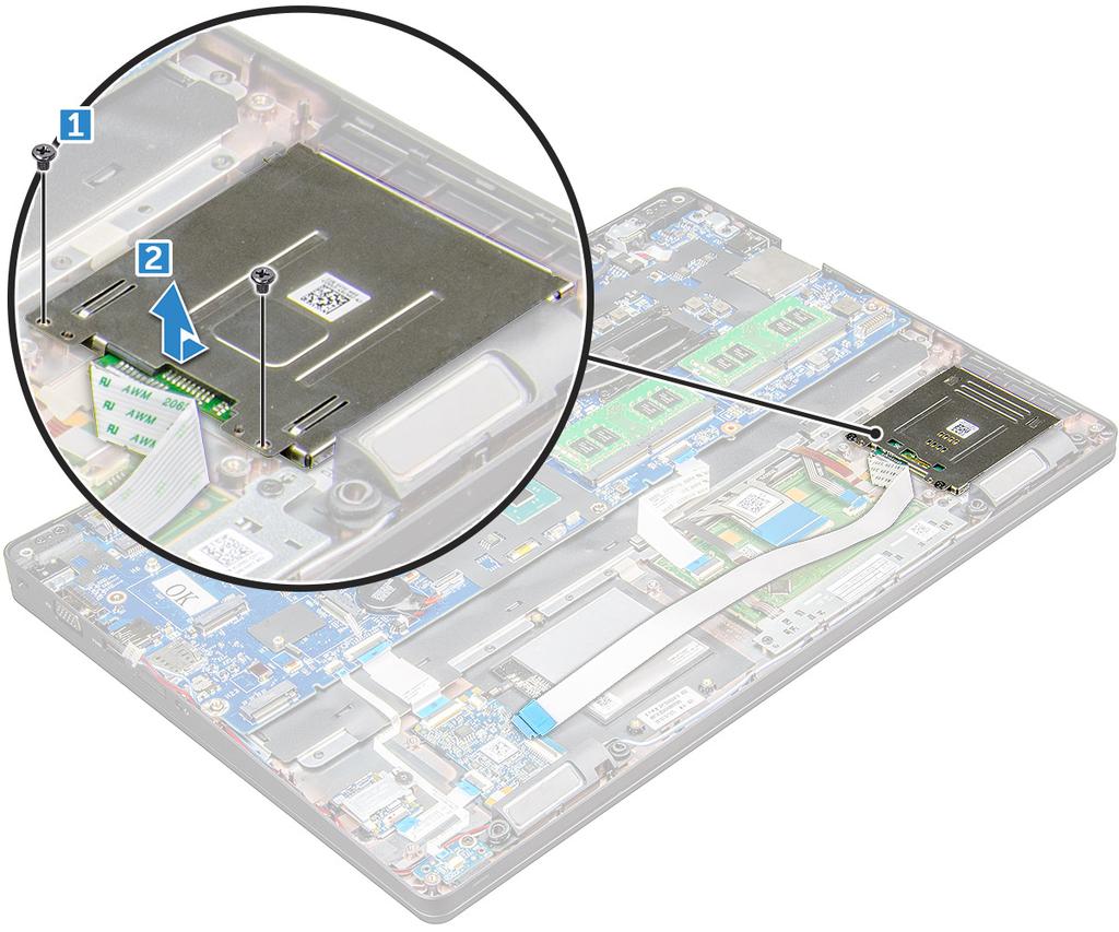 A SmartCard-olvasó beszerelése 1 Helyezze a számítógépre a SmartCard-olvasót. 2 Húzza meg a SmartCard-olvasót a számítógéphez rögzítő M2,0x3,0 csavarokat.