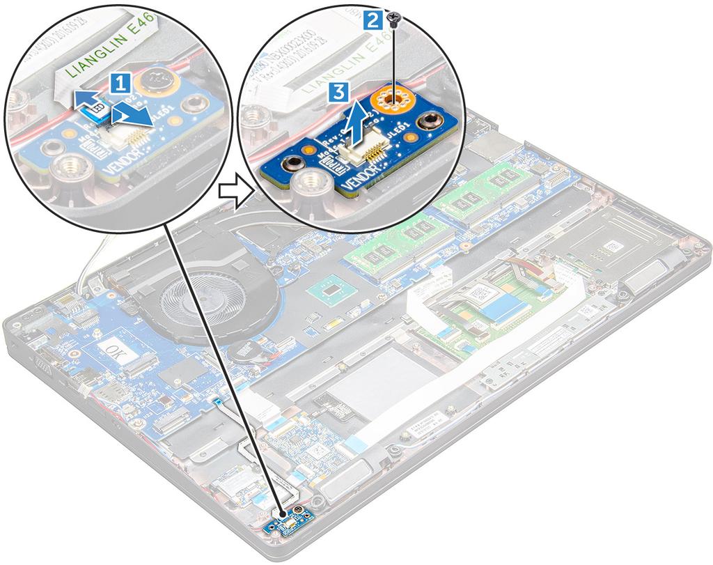 a b c d e f alapburkolat elem WLAN-kártya WWAN-kártya SSD-kártya vagy merevlemez váz kerete 3 A LED-panel eltávolítása: a Emelje meg a reteszt, és válassza le az LED-kártya kábelét a LED-kártyán lévő