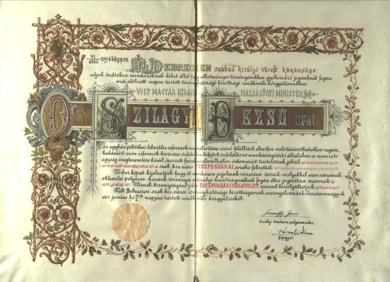 Általános észrevételek a Debreczen sz. kir. város díszpolgárairól készített kimutatáshoz.