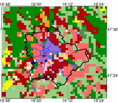 A USGS és MODIS adatbázisok csupán egyetlen városi felszínkategóriát tartalmaznak, míg az OSM segítségével öt különböző városi felszínt különítettünk el: ritkán,