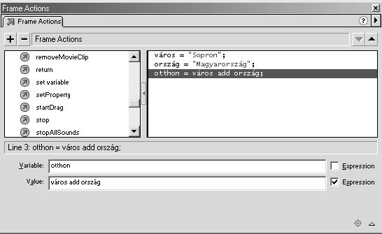 Az ActionScript egyik nagy elõnye, hogy a változókat úgynevezett kifejezésekhez lehet rendelni. Egy kifejezés tartalmazhat egy vagy több változót, számot vagy karaktersorozatot.