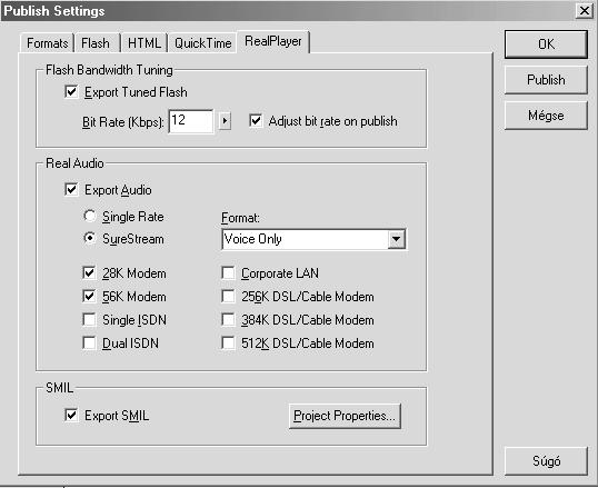 30 RealPlayer-támogatás A Flash 5-tel a tervezõ és fejlesztõ lehetõséget kap, hogy a RealFlashtartalmat a RealPlayer G2 és RealPlayer 7/8 formátumba mentse el.