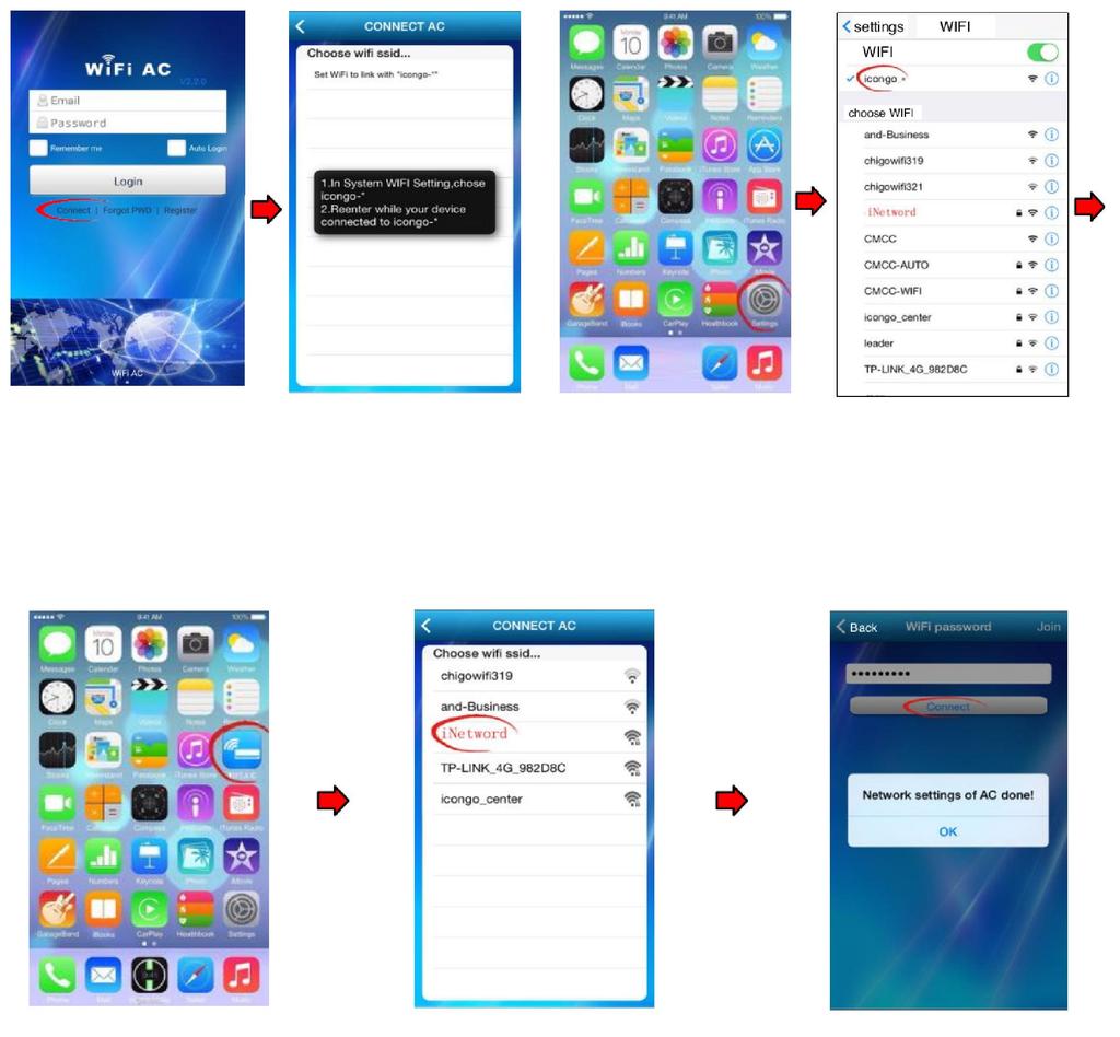 5.2 IOS rendszerű okos telefon esetén (iphone) Az alkalmazás használata előtt a légkondicionálót csatlakoztatni kell az otthoni WIFI hálózatra. Ehhez helyezze áram alá a klímaberendezést.