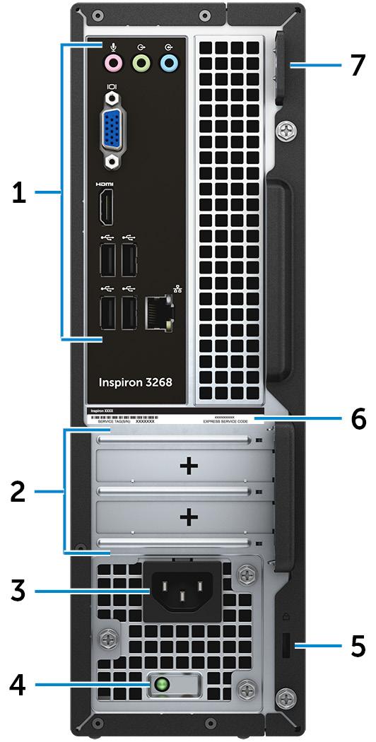 Hátul 1 Hátsó panel Csatlakoztassa az USB-, audio-, video- és egyéb eszközöket. 2 Bővítőkártya-foglalatok Hozzáférést biztosít bármely telepített PCI Express kártyán található csatlakozóhoz.