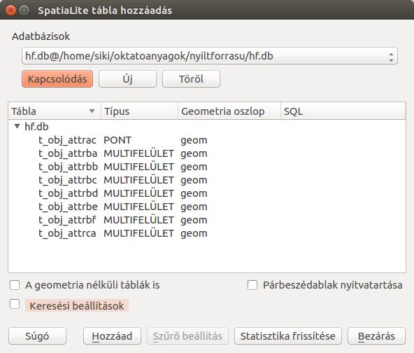 SpatiaLite adatbázis használata QGIS-ben Új SpatiaLite kapcsolat létrehozása. Az Új gomb megnyomása után válassza ki az adatbázist.