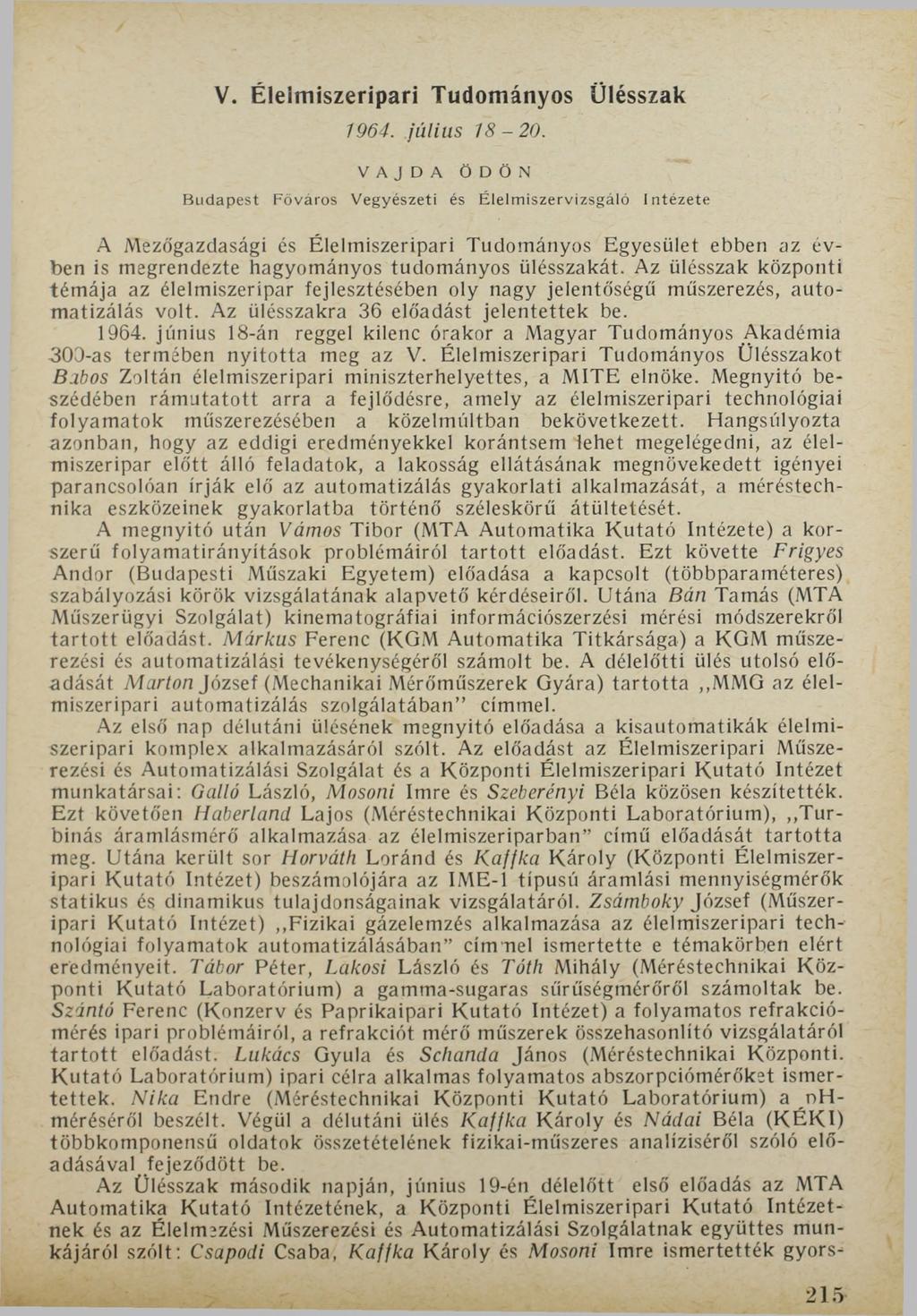 V. Élelmiszeripari Tudományos Ülésszak 1964. július 18-20.