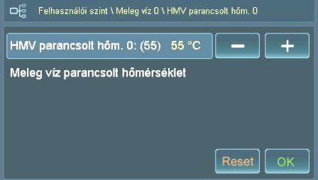 7.5 Meleg víz hımérséklet megváltoztatása Az itt bemutatott példa szerint így lehet a 0-s meleg víz tároló parancsolt hımérsékletét megváltoztatni: 1) Érintse meg a gombot Üzemeltetıi szint 2)