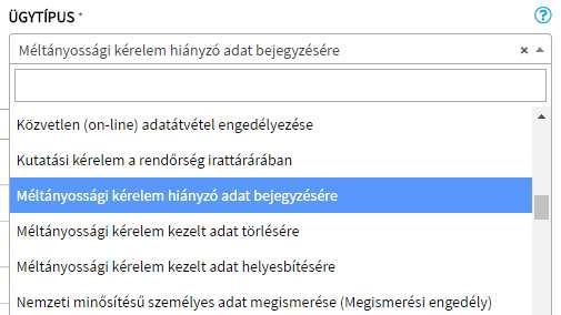 A listában szereplő ügytípusok közül csak egyet lehet kiválasztani, amely az adott levél ügytípusa lesz. Az ügytípus kiválasztása kötelező. 4.