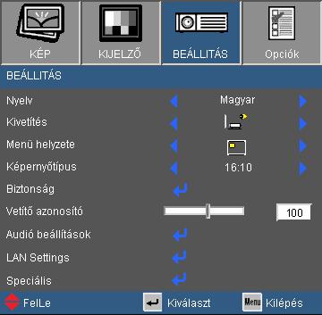Kivetítés A Hátsó-asztali és Hátsó-mennyezet elemet áttetsző vetítőképernyőre való kivetítés esetén lehet használni. Elöl-Asztali Ez az alapértelmezés.
