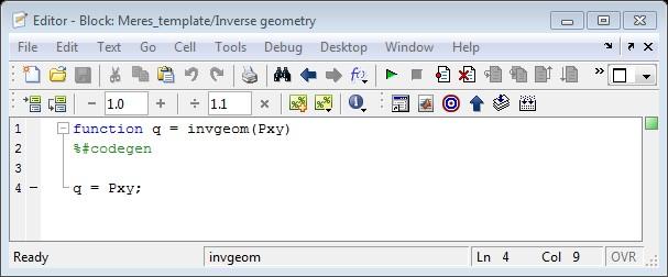 11 4.3. ábra. Matlab függvény kódja a szerkesztő ablakban. 4.4. ábra. Simulink minta diagram az inverz geometriai feladat kódolásához. Simulink/User-Defined Functions könyvtárában találunk a 4.2.