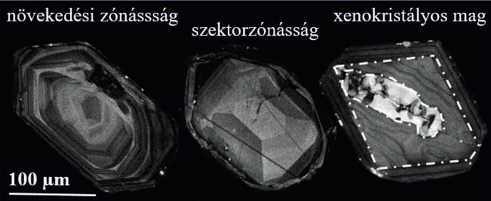 Cirkonok U-Pb geokronológiai célú szöveti és szerkezeti elővizsgálata A válogatott cirkonkristályok szöveti (zonáció) megfigyeléseit pásztázó elektronmikroszkóp (SEM) segítségével készített