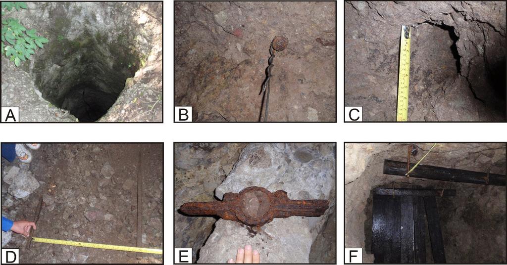 2. ábra. A járatrendszer néhány jellegzetessége: A= legmélyebb kürtő (27 m) felszíni bejárata; B= szintezőpont; C= robbantólyuk; D= keskeny nyomtávú sínpár; E= tartószerkezet.