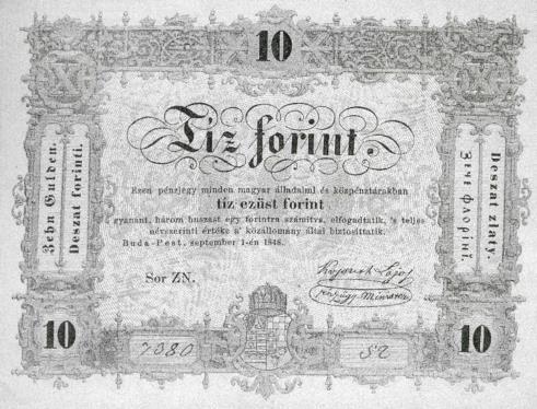9. ábra: Tíz forint, 1849 (Kossuth és Almásy) Hosszabb ideig húzódik a dernői vasgyárral való pereskedése.