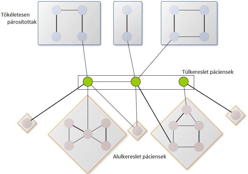 Példa egy Pareto-hatékony párosításra Tehát a tétel azt mondja ki, hogy ha töröljük a gráfból N 0 -t, akkor a maradék gráf páros komponensei N P -beliek, míg a páratlan komponensei N U -beliek.