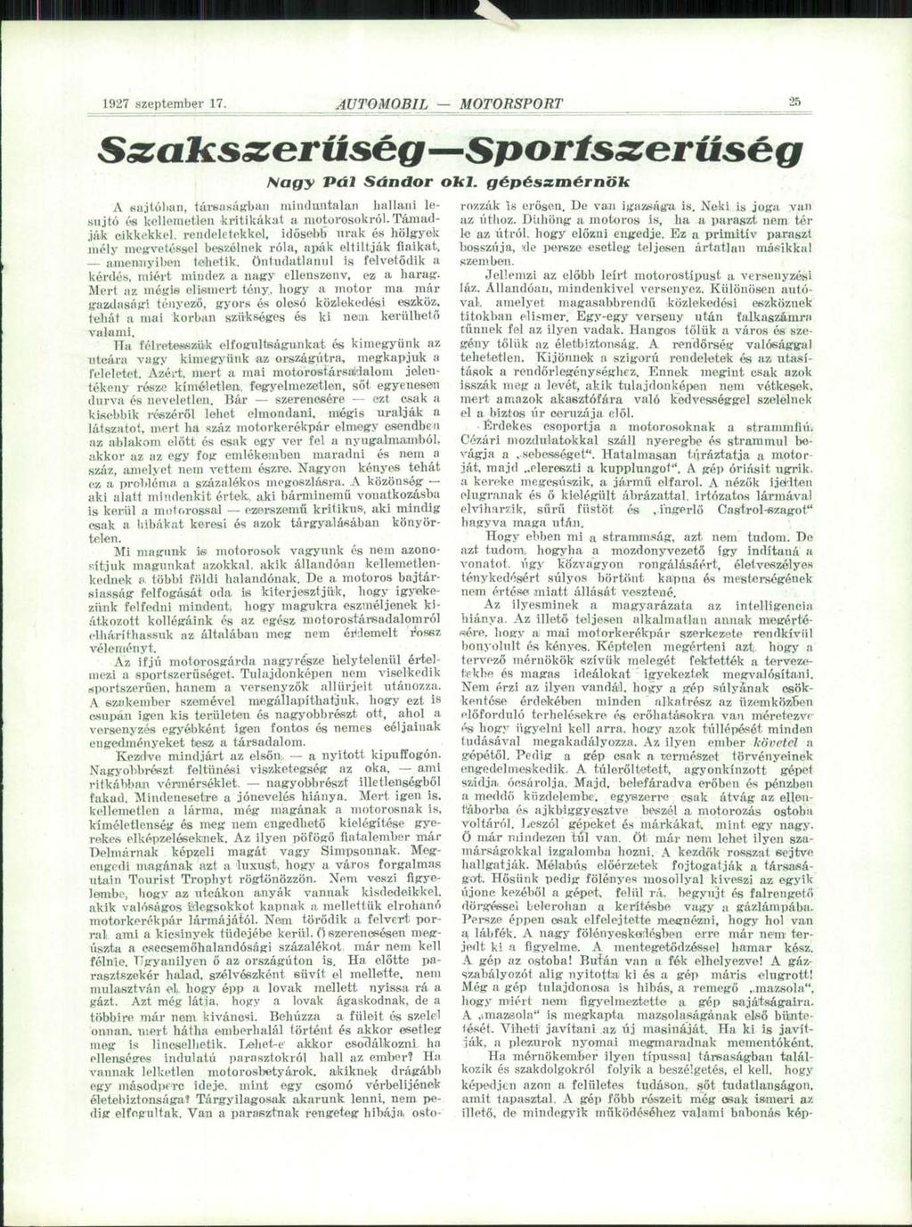 1927 szeptember 17. -íutomobil MOTORSPORT 25 Sszalcsszerüség Sportsserüség Nagy Pál Sándor oki.