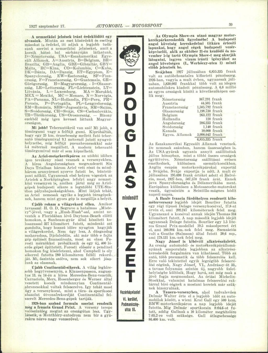 1927 szeptember 17. -íutomobil MOTORSPORT 39 A nemzetközi jelzések iránt érdeklődött egy olvasónk.