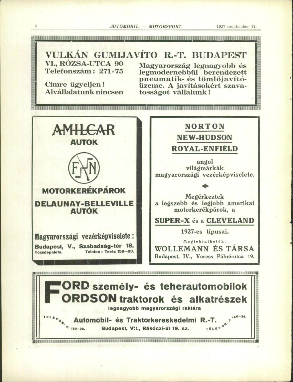 1" AUTOMOBIL MOTORSPORT 1927 szeptember 1?. 11= VULKÁN GUMIJAVITÖ R.-T. BUDAPEST r VI.