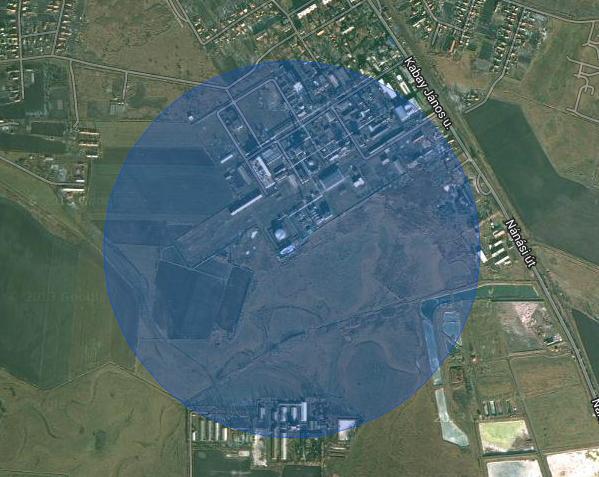 Mérgezés 1-%-os halálozás outdoor esetben (szabadban tartózkodókra) Tájékoztatási zóna 602 m Az üzemben bekövetkező veszélyes esemény következtében kijutó mérgező gáz (pl.