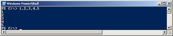 PÉLDÁUL: írjuk be, hogy 1,2,3,4,5 Ez a PowerShell számára egy halmaz definícó volt, amit úgy értékelt ki, hogy kiírta