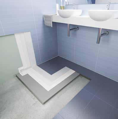 Fürdőszobák használati víz elleni szigetelése Alapozás Sarokerősítés a vízszigeteléshez, illetve csőáttörések a vízszigeteléshez Vízszigetelés PRIMER G MAPEBAND PE 120, MAPEBAND, DRAIN VERTICAL