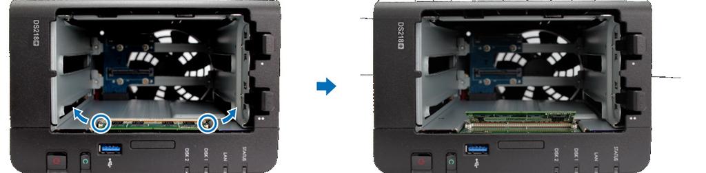 A memóriamodul eltávolítása: 1 A DiskStation kikapcsolásához, a kábelek kihúzásához, valamint a két merevlemeztálca eltávolításához kövesse A memóriamodul beszerelése fejezet 1. és 2. lépését.