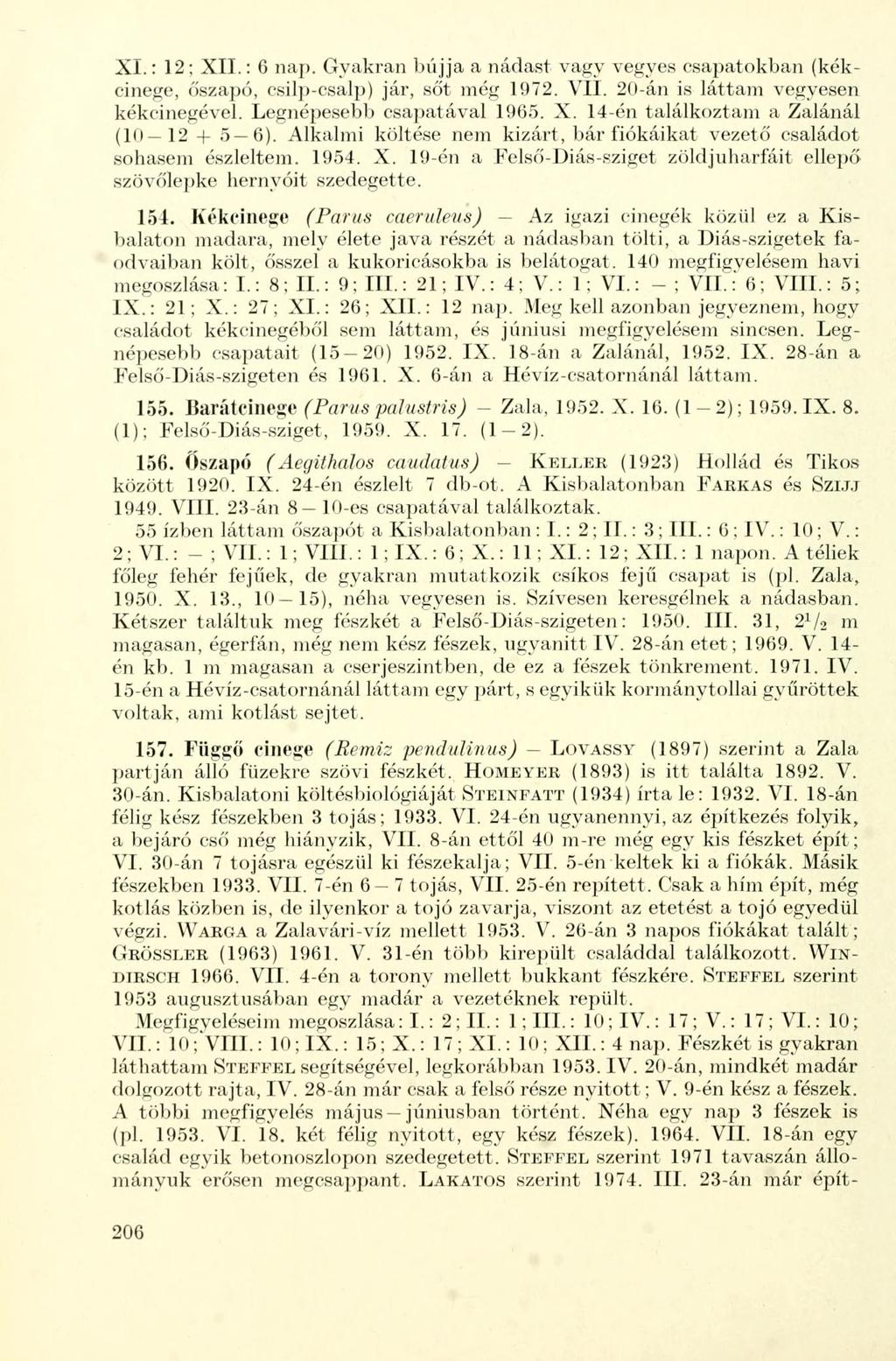 XI.: 12; XII.: 6 nap. Gyakran bújja a nádast vagy vegyes csapatokban (kékcinege, őszapó, csilp-csalp) jár, sőt még 1972. VII. 20-án is láttam vegyesen kékcinegével. Legnéiiesebb csapatával 1965. X. 14-én találkoztam a Zalánál (10 12 + 5 6).