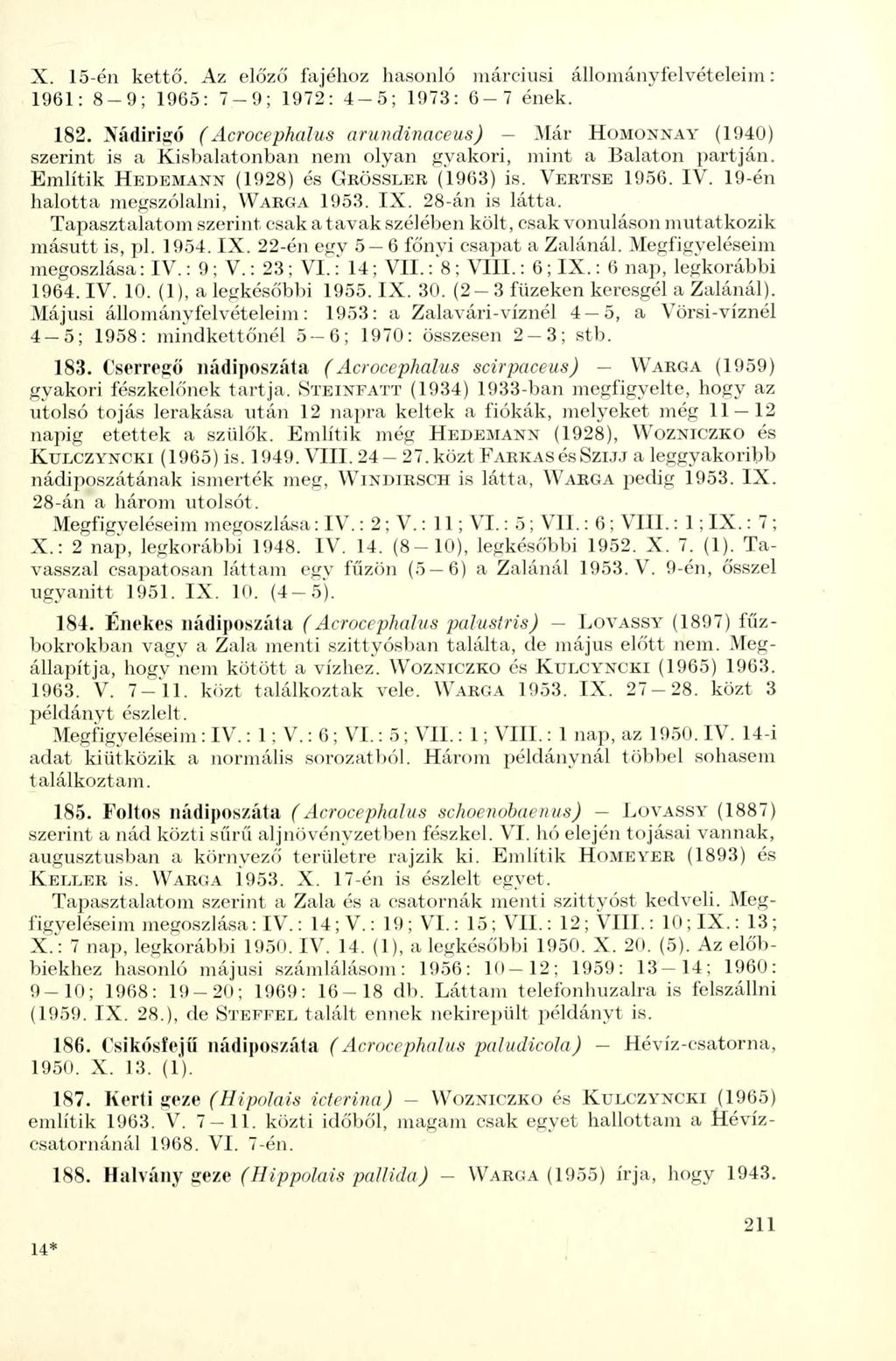 X. 15-én kettő. Az előző fajéhoz hasonló márciusi állomány felvételeim: 1961: 8-9; 1965: 7-9; 1972: 4-5; 1973: 6-7 ének. 182.