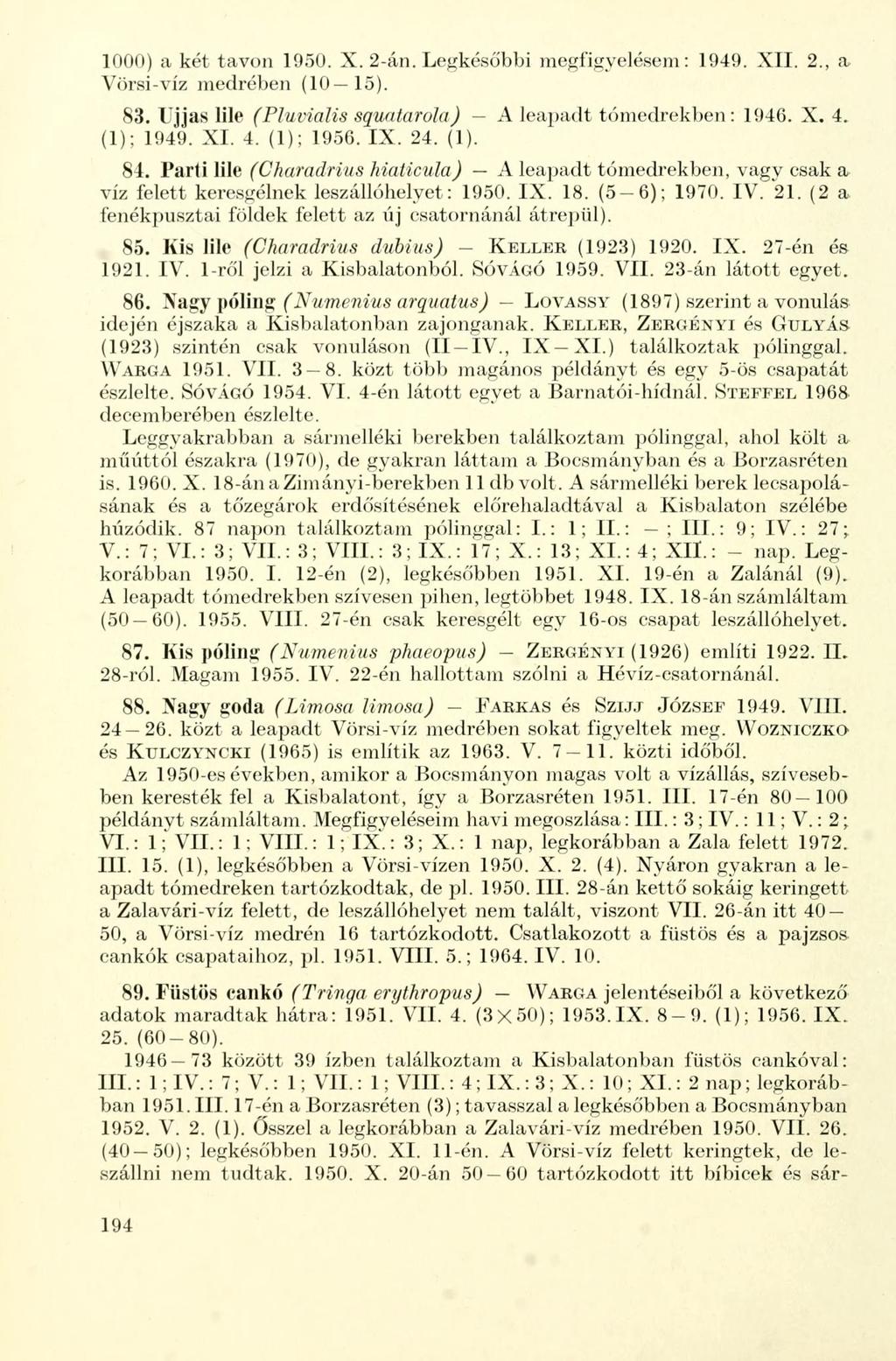 1000) a két tavon 1950. X. 2-án. Legkésőbbi megfigyelésem: 1949. XII. 2., a Vörsi-víz medrében (10 15). 83. Ujjas lile (Pluvialis squatarőla) A leapadt főmedrekben: 1946. X. 4. (1); 1949. XI. 4. (1); 1956.