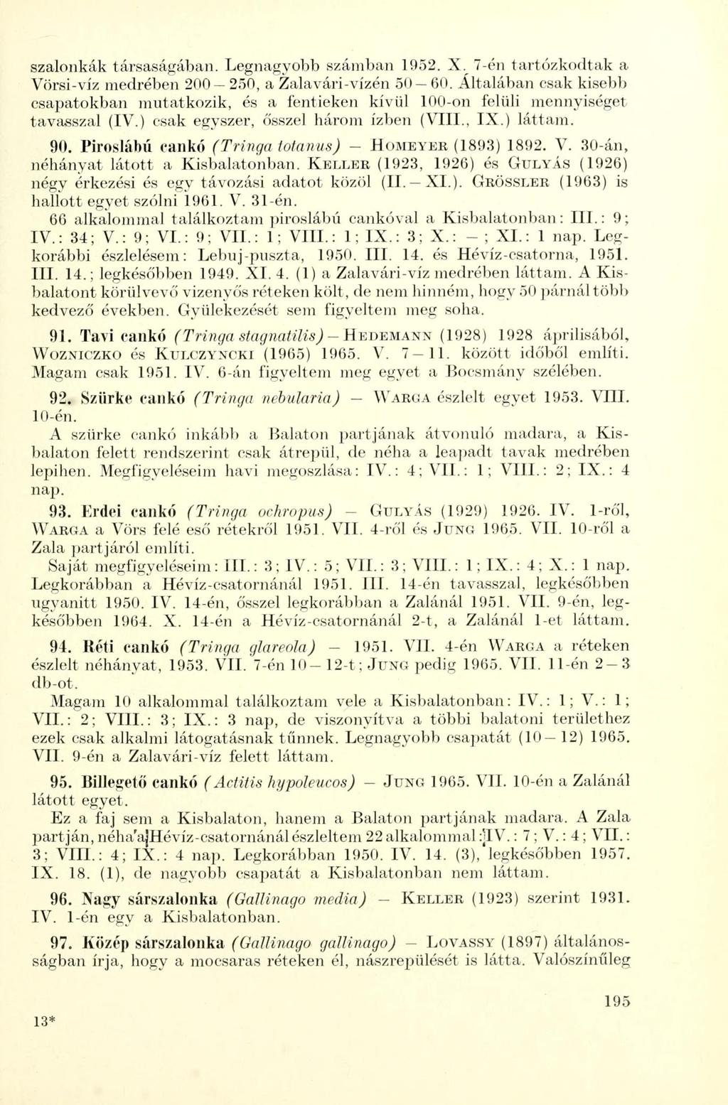 szalonkák társaságában. Legnagyobb számban 1952. X. 7-én tartózkodtak a Vörsi-víz medrében 200 250, a Zalavári-vízén 50 60.
