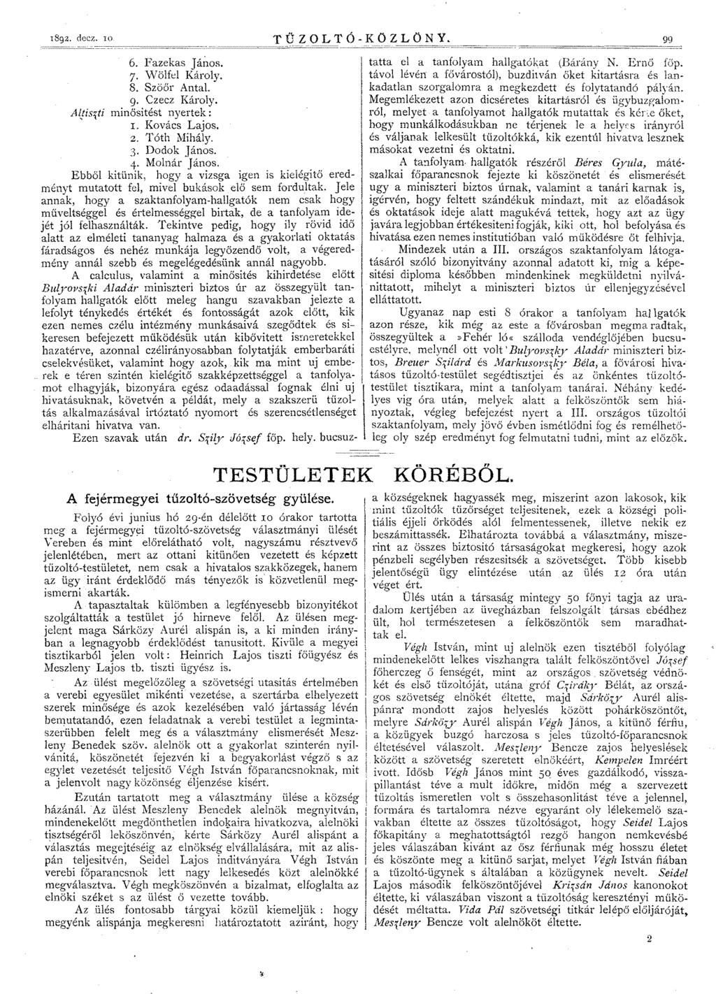 1894. decz. ro T Ű ZOL T 6 -K O Z L O N Y. 99 =============================== =================================== 6. Fazekas János. 7. Wölfel Károly. 8. Szöőr Antal. 9. Czecz Károly.