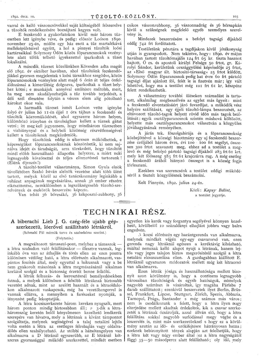 1892. decz. ro. ~-~~== T Ű ZOL T Ó - K O Z L O N Y.