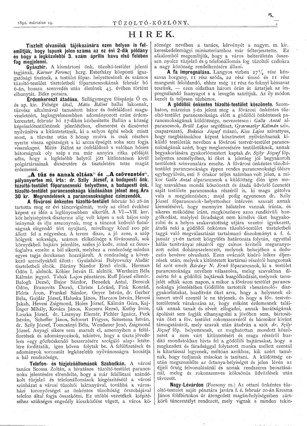 18g2. márczius Ig. TŰZOLTÓ-KÖZLÖNY. ==~~=========~========================~ HIREK.