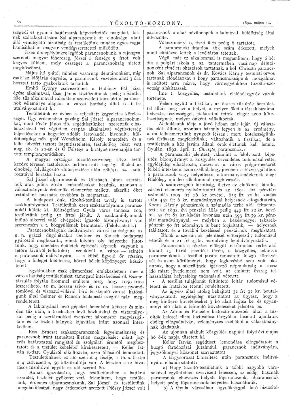 60 T Ű Z O LT Ó - K Oz L ON Y. 1892 május 14. -~-~--~=====c.