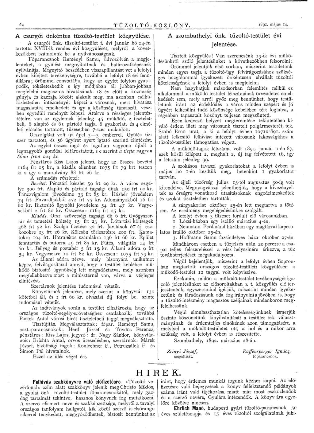 62 T Ű Z o LT Ó - KÖZ L Ö N Y. A csurgói önkéntes tűzoltó-testület közgyülése. A csurgói önk. tűzoltó-testület f.
