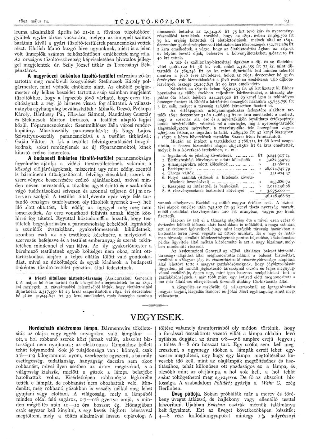 1892. május 14. TŰZOLTÓ-KÖZLÖNY.