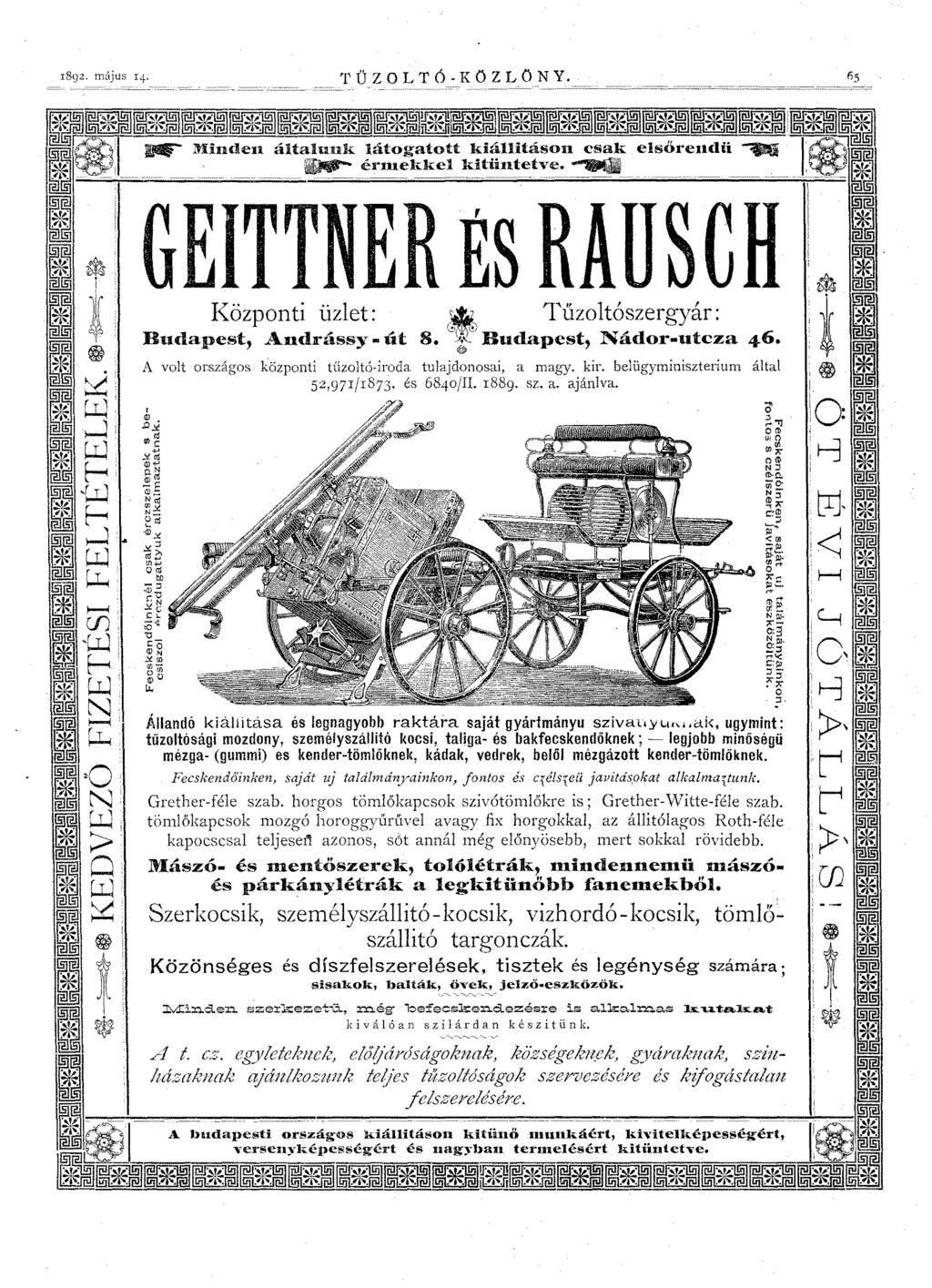 o 1892. -- május... _- 14. ==-----_~=_. ===. T Ű Z o LT Ó - K OZ L ON Y. 65 általunk látogatott kiállitáson csak ~ érulekkel kitüntetve. -.;.