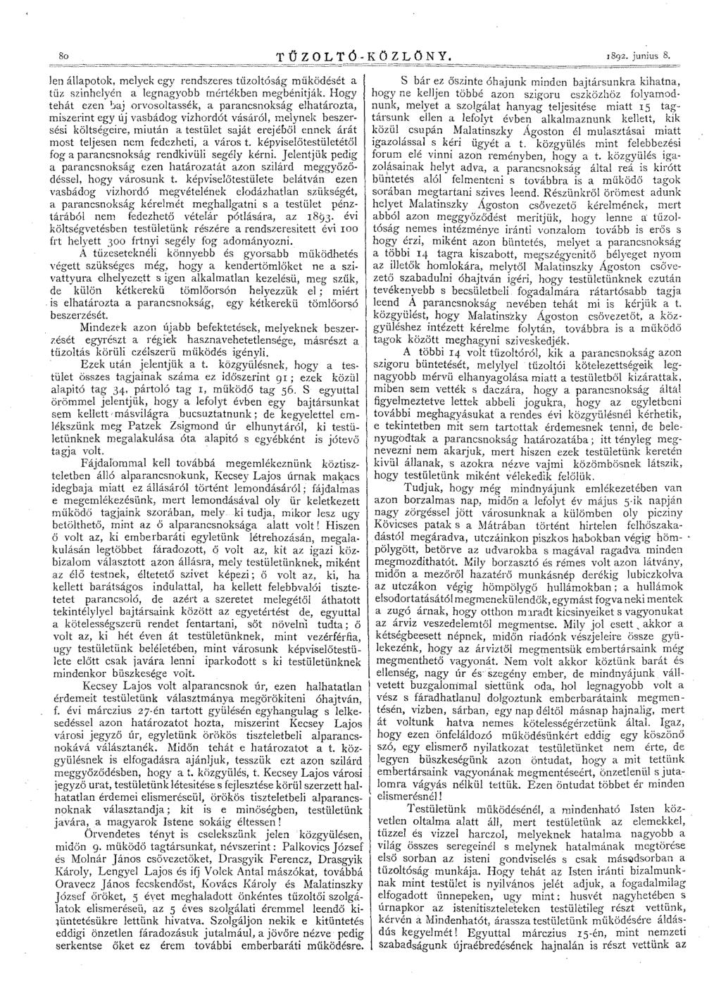 80 T Ű ZOL ======================= T 6- KÖZ L Ö N Y. J 892. junius 8.