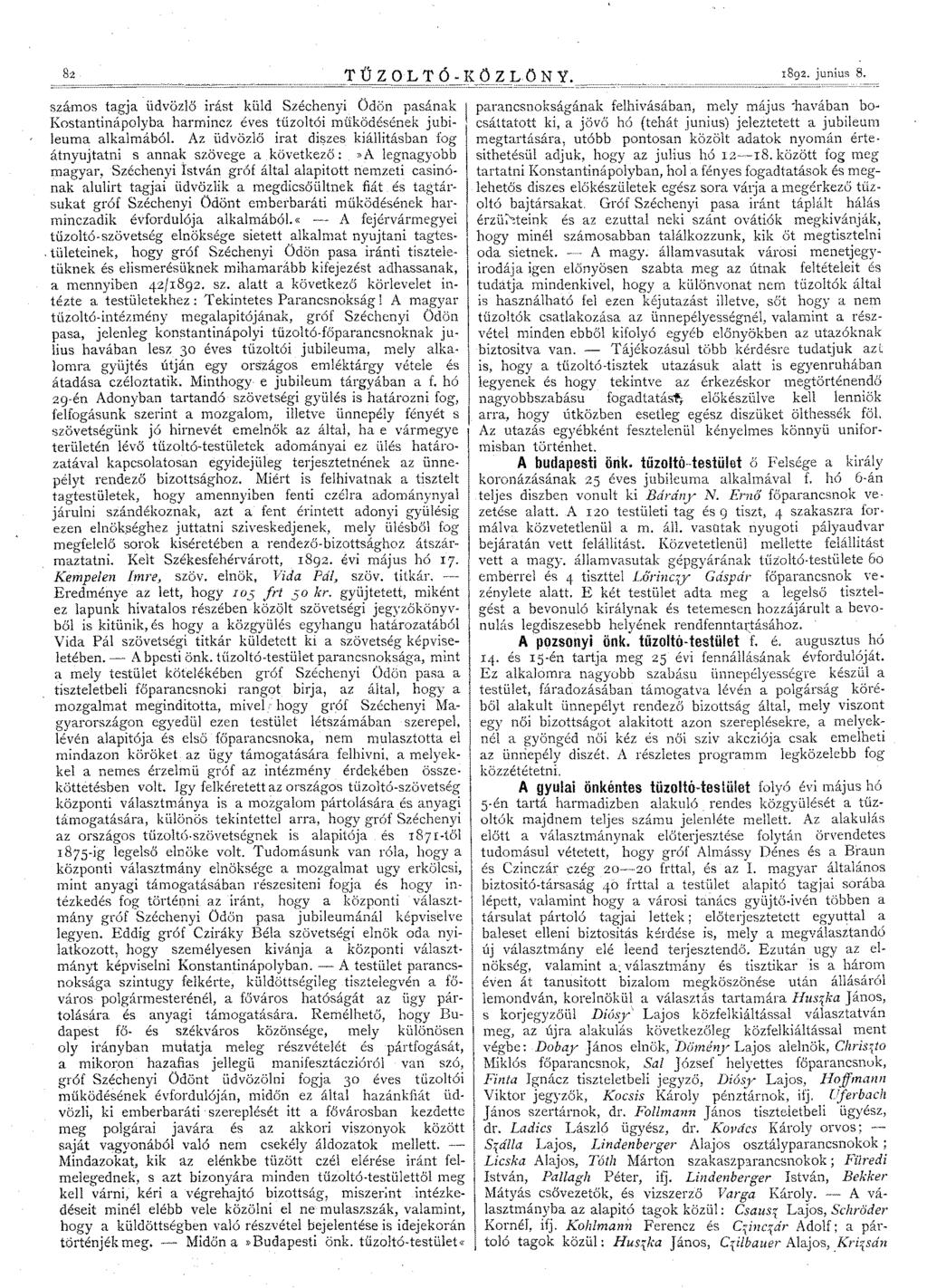 82 TŰZOLTÓ-KÖZLÖNY. 1892. junius 8. szárnos tagja üdvözlő irást küld Széchenyi Ödön pasának Kostantinápolyba harmincz éves tűzoltói működésének jubileuma alkalmából.