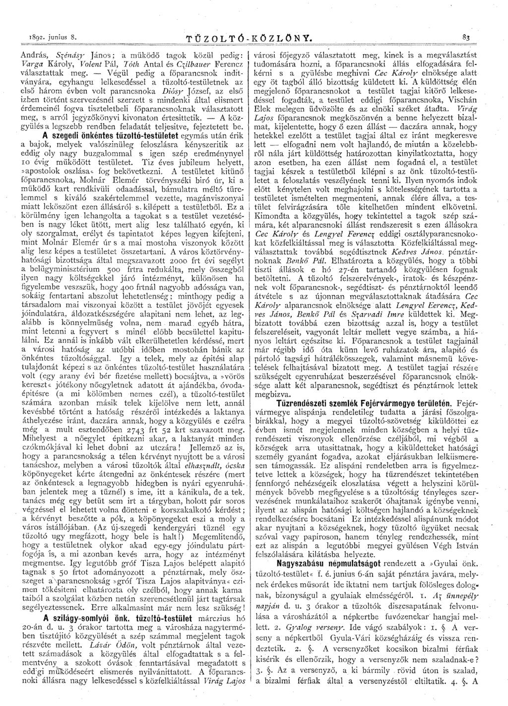 1892. junius 8. T Ű ZOL T Ó - K Ö Zc:;:L~Ö~N~Y~. ======='======== András, Sséndsy: János; a rnűködő tagok közűl pedig: Varga Károly, Volent Pál, Tóth Antal és Czilbauer Ferencz választattak meg.