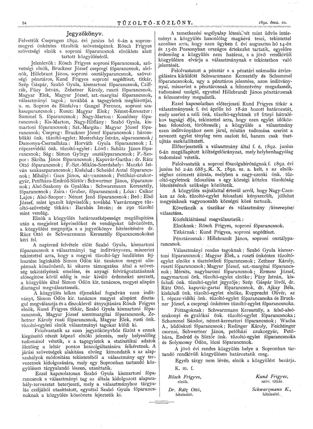 94 T Ű Z OLT Ó - K O Z L ON Y. 1892. decz. ID. Jegyzőkönyv. Felvettük Csepregen 1892.