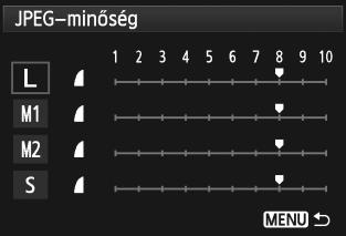A képrögzítési minőség beállítása 3 A JPEG-minőség (tömörítési arány) beállítása JPEG-képek esetén a rögzítési minőség (tömörítési arány) minden egyes képmérethez külön beállítható (3, H, 5 és 6).