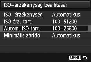 i: Az ISO-érzékenység beállítása 3 Az ISO-érzékenység beállítása az automatikus ISO-beállításhoz Az ISO 100 51200 tartományban adhatja meg az ISO-érzékenységi tartományt az automatikus ISO