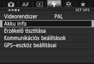 3 Az akkumulátor töltöttségi szintjének ellenőrzése Az akkumulátor állapotát az LCD-monitoron ellenőrizheti. Válassza az [Akku info] elemet.