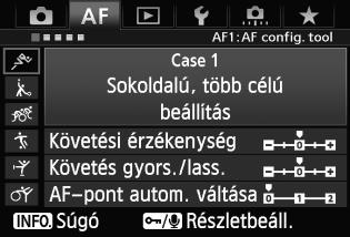 3 Az AI Servo AF jellemzőinek kiválasztása (adott témának megfelelően) Case 1: Sokoldalú, több célú beállítás Alapértelmezett beállítások Követési érzékenység: [0] Követés gyors./lass.