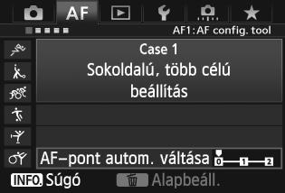 3 Az AI Servo AF jellemzőinek kiválasztása (adott témának megfelelően) AF-pont automatikus váltása Az AF-pontok követési érzékenység értékét állítja be a hirtelen le, fel, jobbra vagy balra mozduló