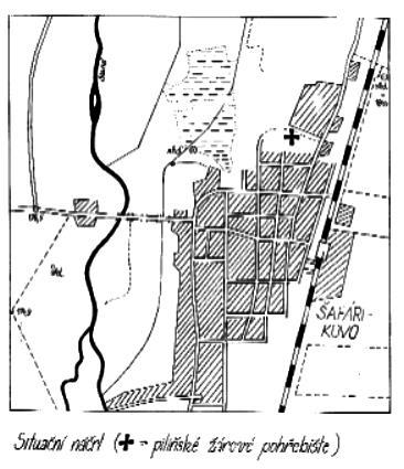 Obrázok 4 Situačný náčrt pilinskej žiarovej kultúry v Tornali V priebehu ďalších rokov sa pri výstavbe nových budov odkryli ďalšie žiarové hroby, ale žiaľ, nálezom sa nevenovala patričná pozornosť.