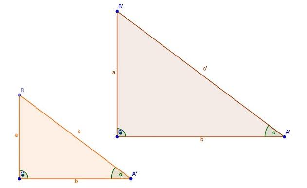 A hegyesszögek szögfüggvéyei Emiatt a két háromszög hasoló, a hasolóság a b c aráya k = = = a' b' c '. Legye az ABC és az A B C derékszögű háromszögekbe egy-egy hegyesszög (α) egyelő.