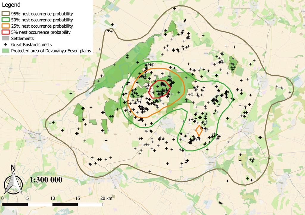 G. Janó & Zs. Végvári 37 Map 2. 5, 25, 50 and 95% occurrence probabilities of Great Bustard nest 2.
