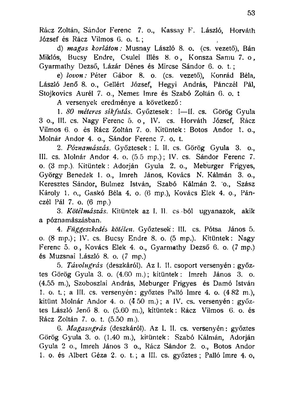 Rácz Zoltán, Sándor Ferenc 7. o., Kassay F. László, Horváth József és Rácz Vilmos 6. o. t.; d) magas korláton: Musnay László 8. o. (cs. vezető), Bán Miklós, Bucsy Endre, Csulei Illés 8.