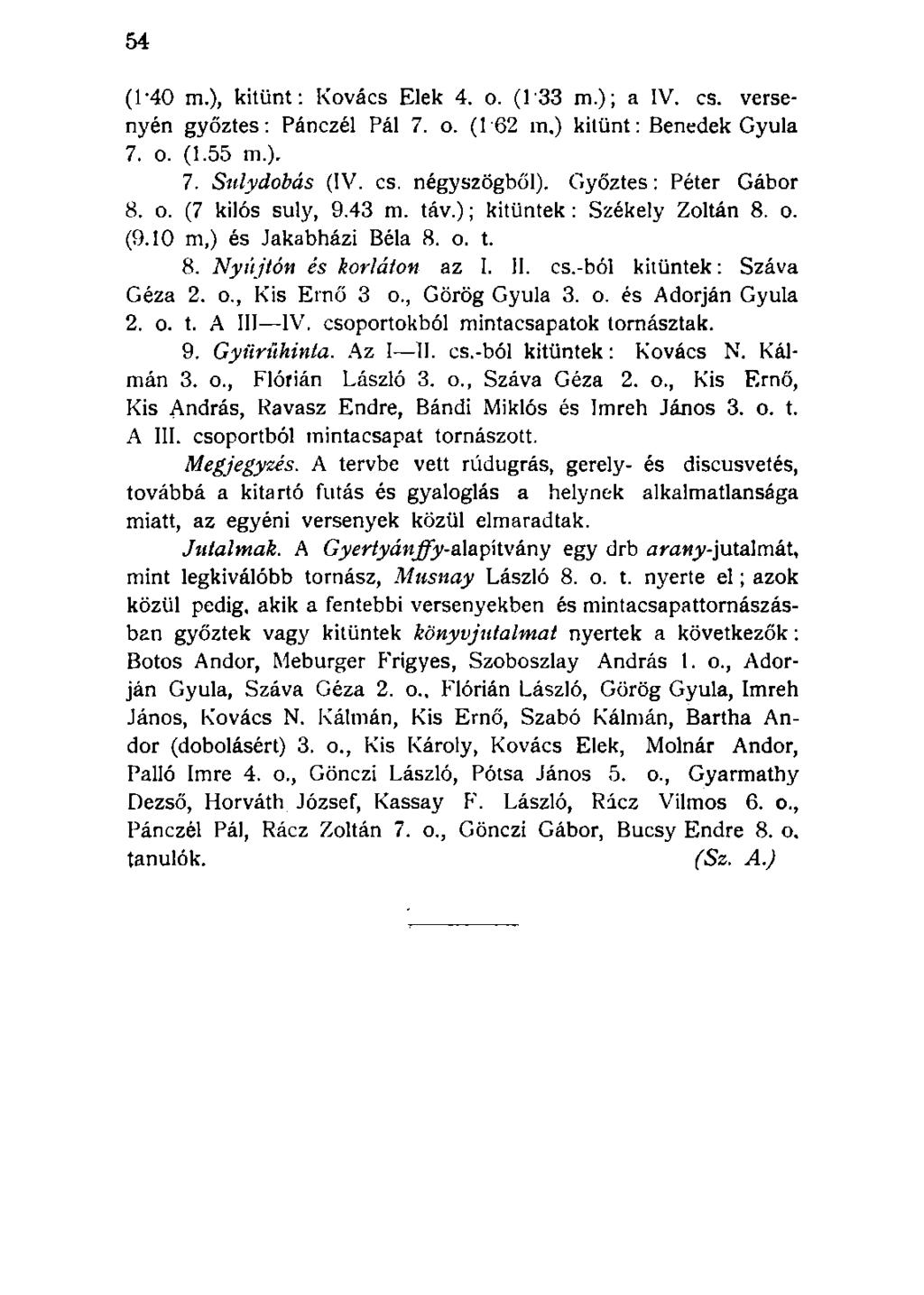 (T40 m.), kitűnt: Kovács Elek 4. o. (133 m.); a IV. cs. versenyén győztes: Pánczél Pál 7. o. (1 62 m,) kitűnt: Benedek Gyula 7. o. (1.55 m.) r 7. Sulydobás (IV. cs. négyszögből).